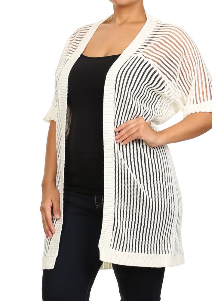 Plus Size Chic Knitted Open Front White Net Cardigan