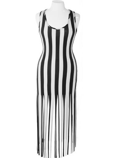 Plus Size Bold Stripe Fringe Hem Black Dress