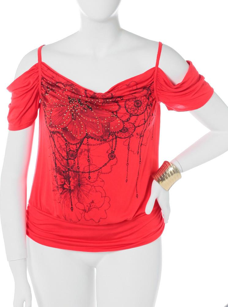 Plus Size Open Shoulder Dazzled Coral Top