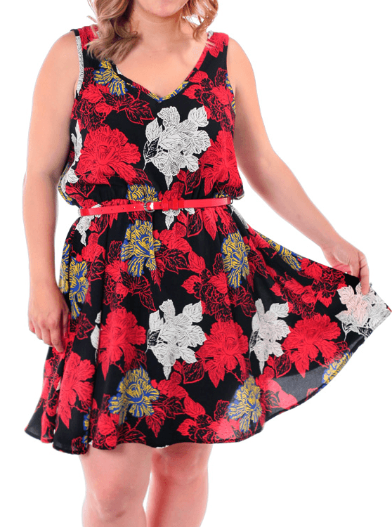 Plus Size Wild Flower Belted Red Dress