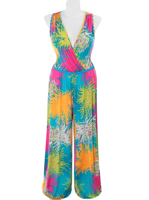 Plus Size Sexy Tropical Teal Jumpsuit