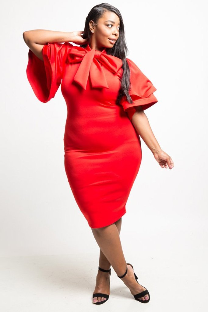 Plus Size Mandarin Neck Tie Midi Dress [SALE]