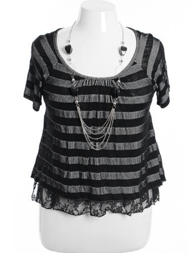 Plus Size Lace Layered Stripe Black Blouse