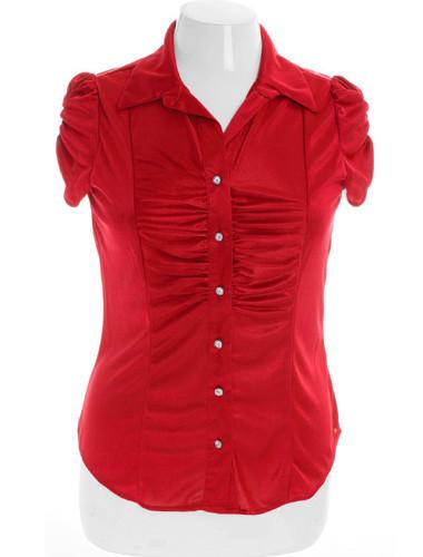 Plus Size Silky Scrunch Diamond Button Red Top