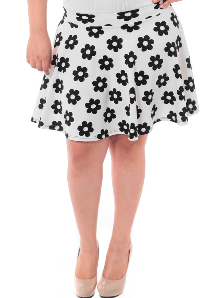 Plus Size Floral Flared White Skirt