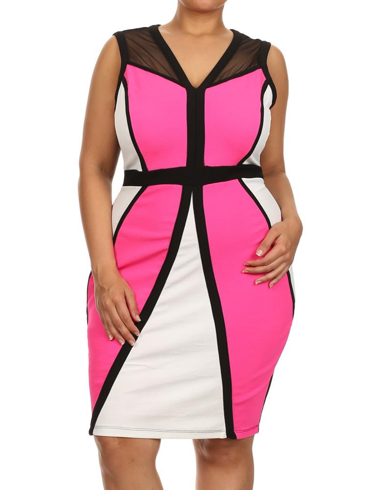 Plus Size Bombshell Paneled Mesh Pink Dress