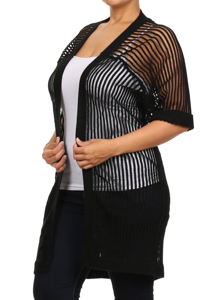 Plus Size Chic Knitted Open Front Black Net Cardigan