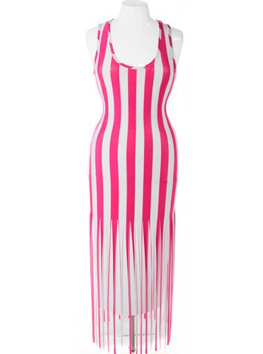Plus Size Bold Stripe Fringe Hem Pink Dress