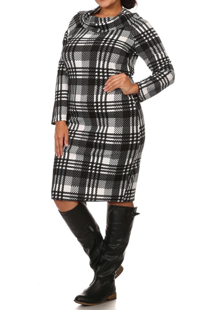 Plus Size Plaid Knit Cowl Neck Dress