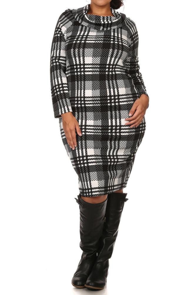 Plus Size Plaid Knit Cowl Neck Dress