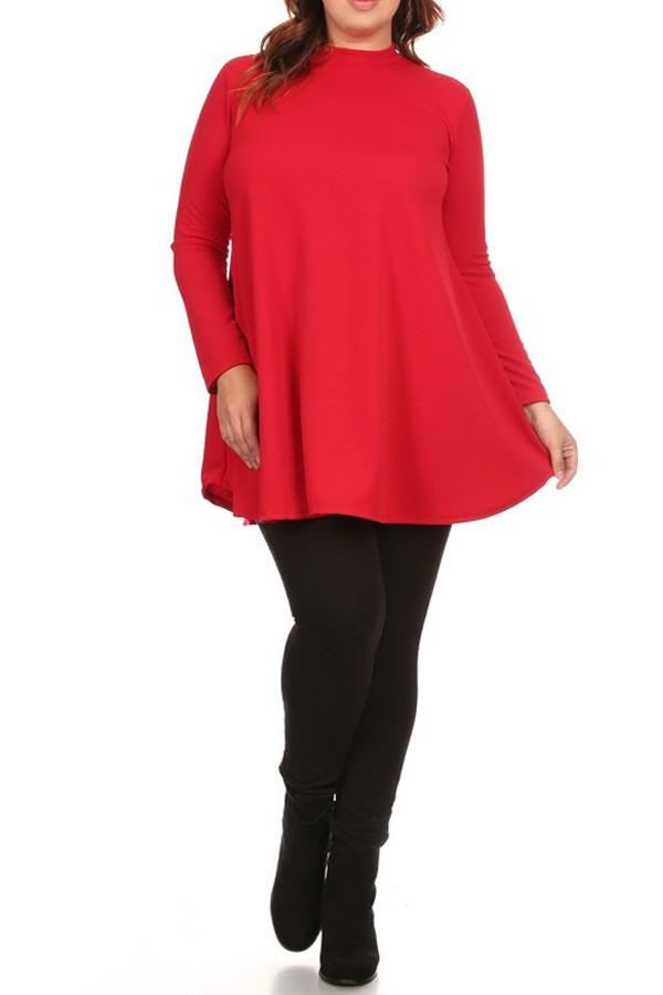 Plus Size Waist Length Long Sleeve Top In A Relaxed Style With A Crew Neck -Red