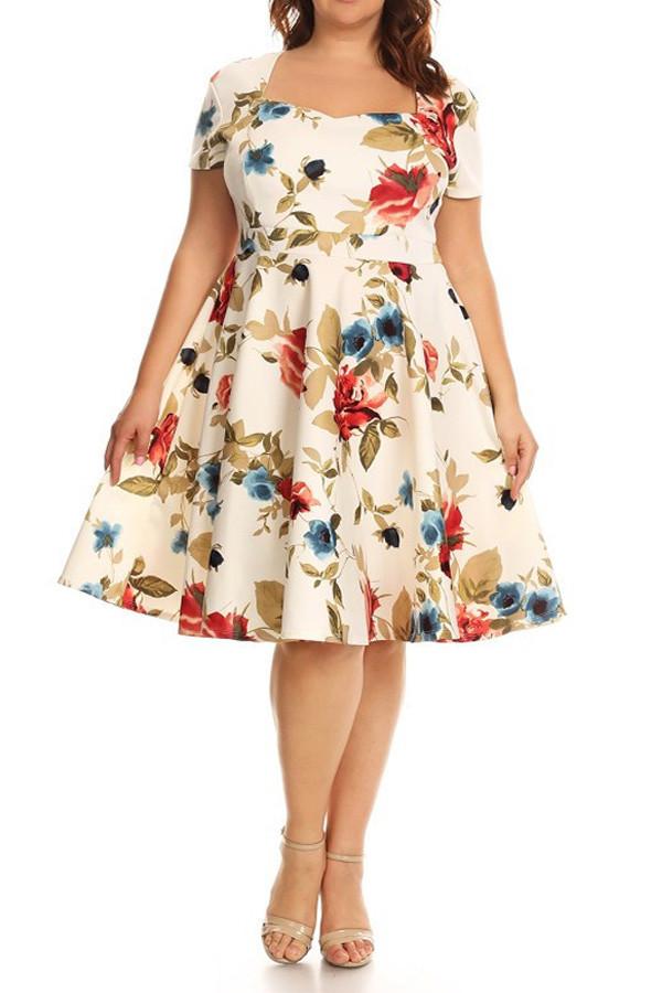 Plus Size Floral Printed Fit And Flare Dress