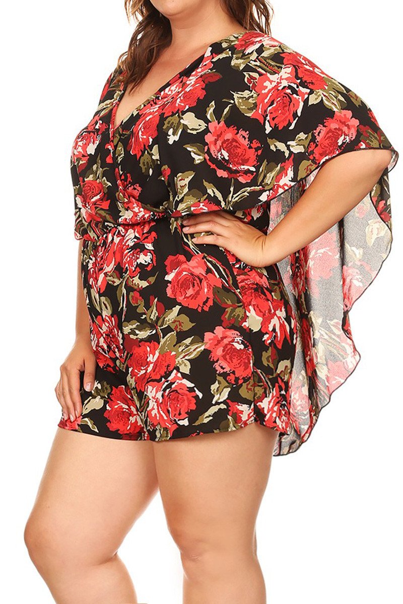 Plus Size Floral Chiffon V-Neck Cape Romper