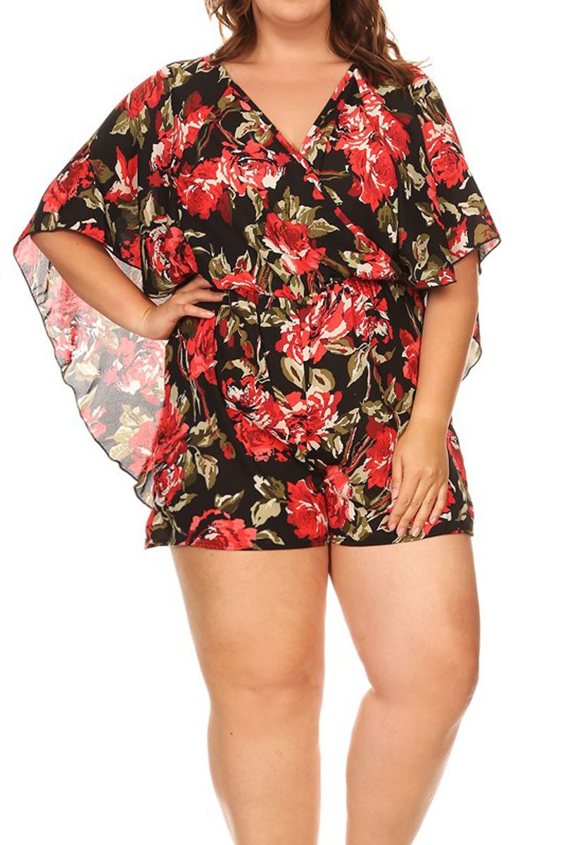 Plus Size Floral Chiffon V-Neck Cape Romper