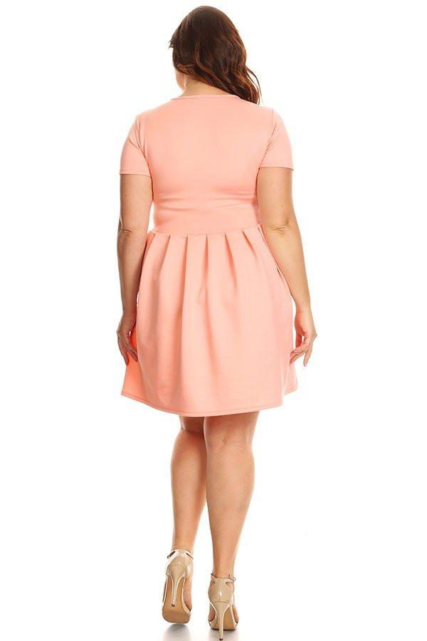 Plus Size Solid Short Dress Flare Silhouette With Short Sleeves