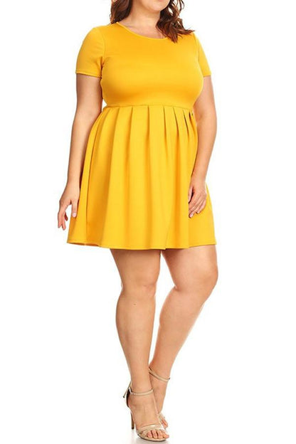 Plus Size Solid Short Dress Flare Silhouette With Short Sleeves