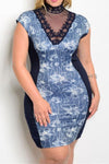 Plus Size Short Sleeve Bodycon Dress Lace Yoke - Navy