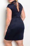 Plus Size Short Sleeve Bodycon Dress Lace Yoke - Navy