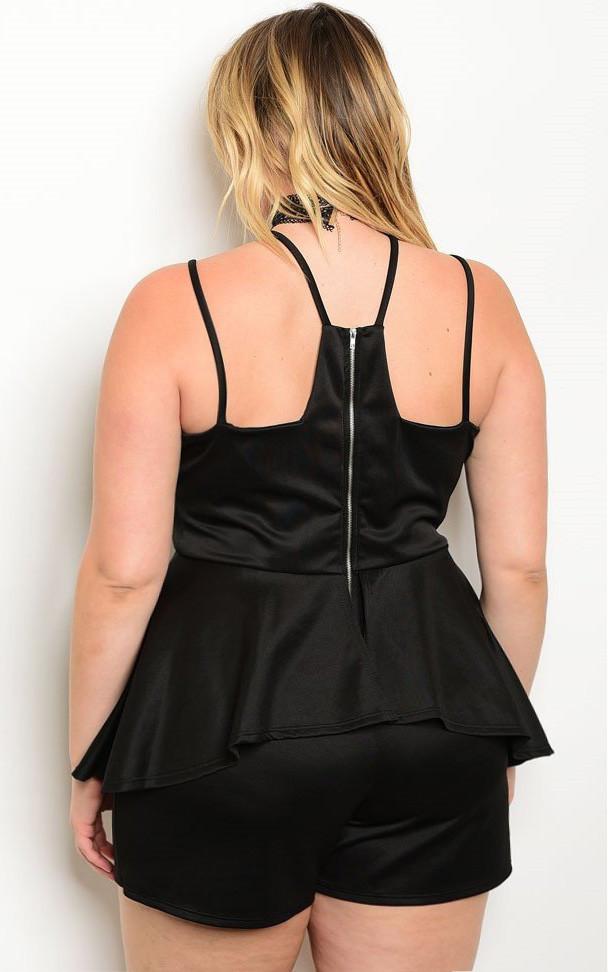 Plus Size Spaghetti Strap Peplum Romper - Black