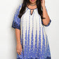 Plus Size Round Keyhole Neckline 3/4 Sleeve Print Tunic Dress - Ivory Blue