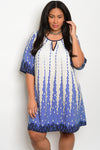 Plus Size Round Keyhole Neckline 3/4 Sleeve Print Tunic Dress - Ivory Blue