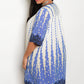 Plus Size Round Keyhole Neckline 3/4 Sleeve Print Tunic Dress - Ivory Blue