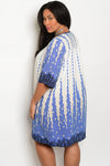 Plus Size Round Keyhole Neckline 3/4 Sleeve Print Tunic Dress - Ivory Blue