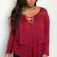 Plus Size Scoop Neck Lace Up Front Long Sleeve Top - Wine