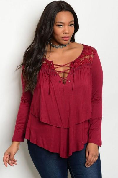 Plus Size Scoop Neck Lace Up Front Long Sleeve Top - Wine