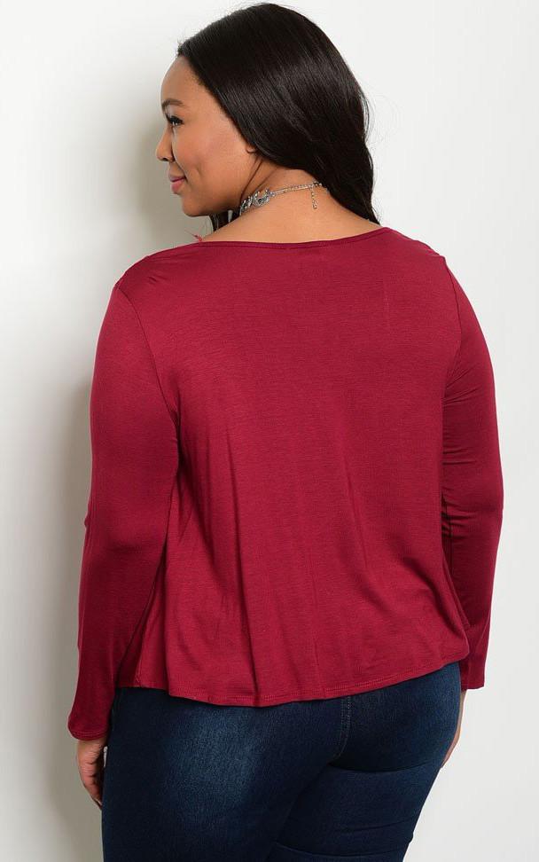 Plus Size Scoop Neck Lace Up Front Long Sleeve Top - Wine