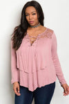 Plus Size Scoop Neck Lace Up Long Sleeve Top - Mauve