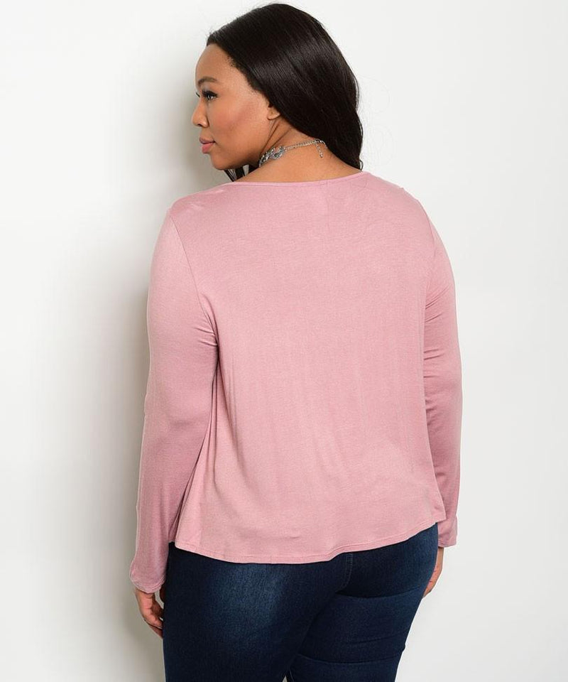 Plus Size Scoop Neck Lace Up Long Sleeve Top - Mauve