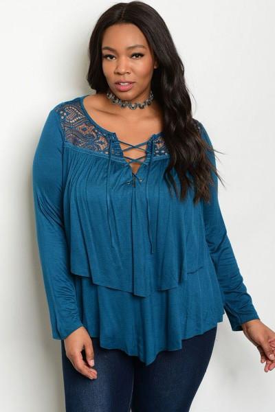 Plus Size Scoop Neck Lace Up Long Sleeve Top - Teal