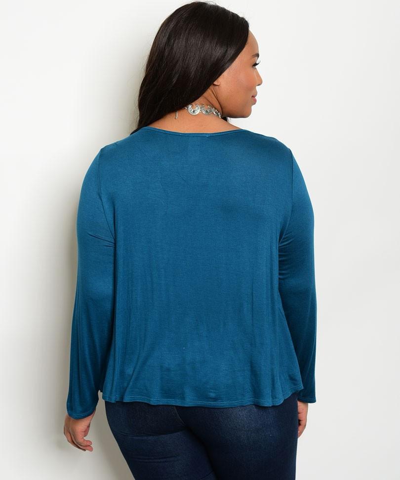 Plus Size Scoop Neck Lace Up Long Sleeve Top - Teal