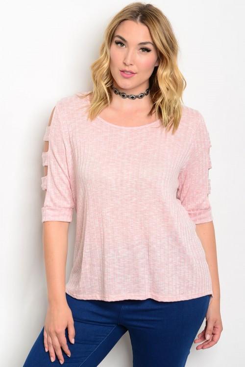 Plus Size Scoop Neck 3/4 Cutout Sleeve Fitted Top - Blush