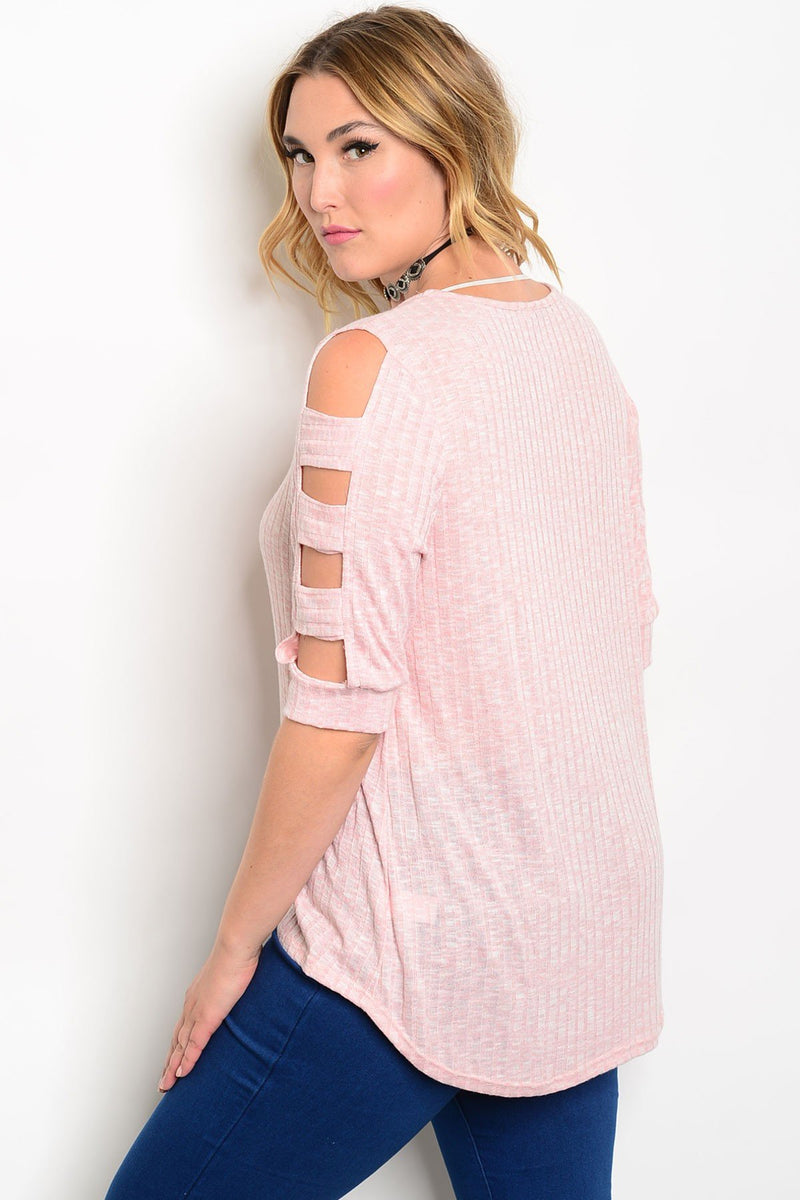 Plus Size Scoop Neck 3/4 Cutout Sleeve Fitted Top - Blush