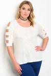 Plus Size Scoop Neck 3/4 Cutout Sleeve Fitted Top - Ivory