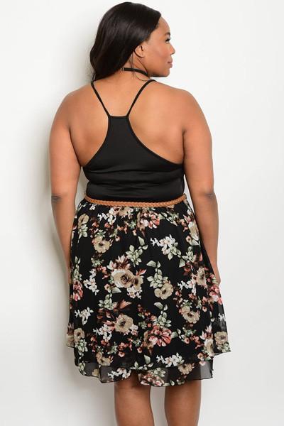 Plus Size Mid Waist Floral Print Tulle Skirt - Black