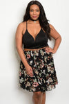 Plus Size Mid Waist Floral Print Tulle Skirt - Black