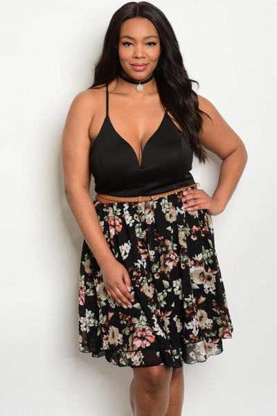 Plus Size Mid Waist Floral Print Tulle Skirt - Black