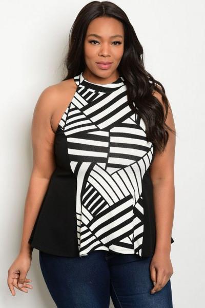 Plus Size Round Neck Sleeveless Print Top - Black White