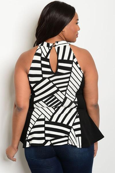 Plus Size Round Neck Sleeveless Print Top - Black White