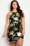 Plus Size Gold Floral Zip Up Cocktail Dress