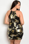 Plus Size Gold Floral Zip Up Cocktail Dress