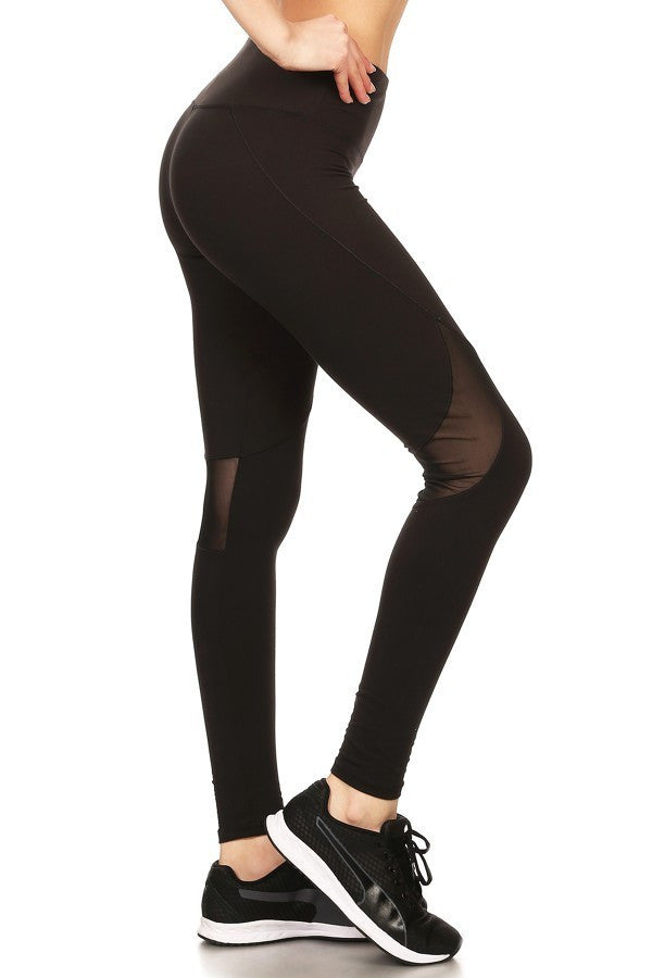 Solid Fitted Style Elastic Mesh Panels Leggings