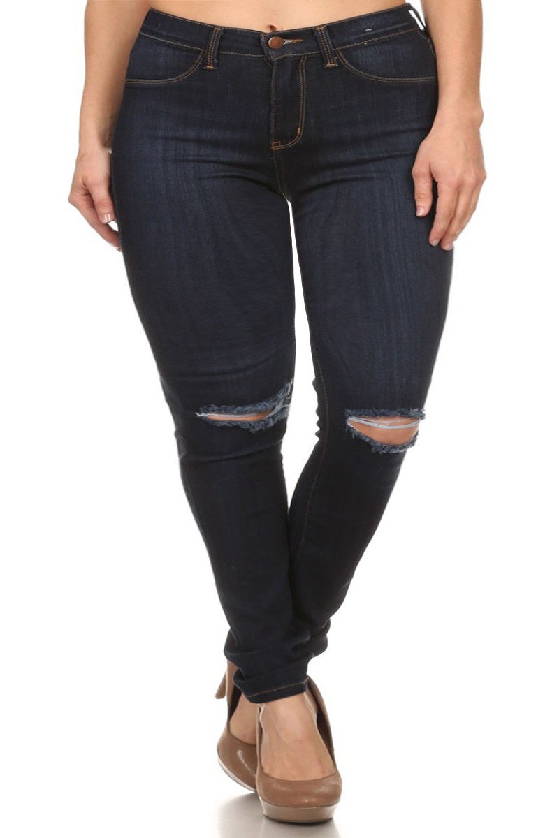 Plus Size Slashed Knee Denim Navy Blue Jeans