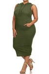 Plus Size Ribbed Kim K Solid Sleeveless Hoodie Midi Dress