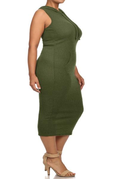 Plus Size Ribbed Kim K Solid Sleeveless Hoodie Midi Dress