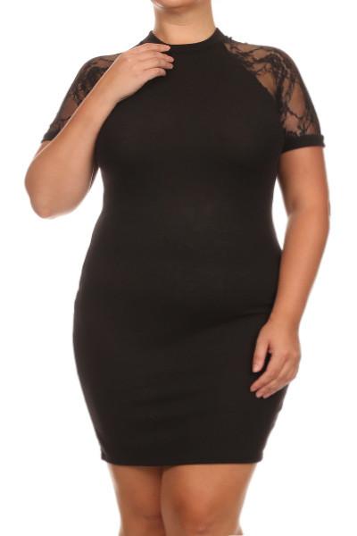 Plus Size Lace Short Sleeve Black Dress