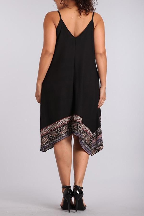 Plus Size Solid Sleeveless Midi Dress With Paisley Printed - Black